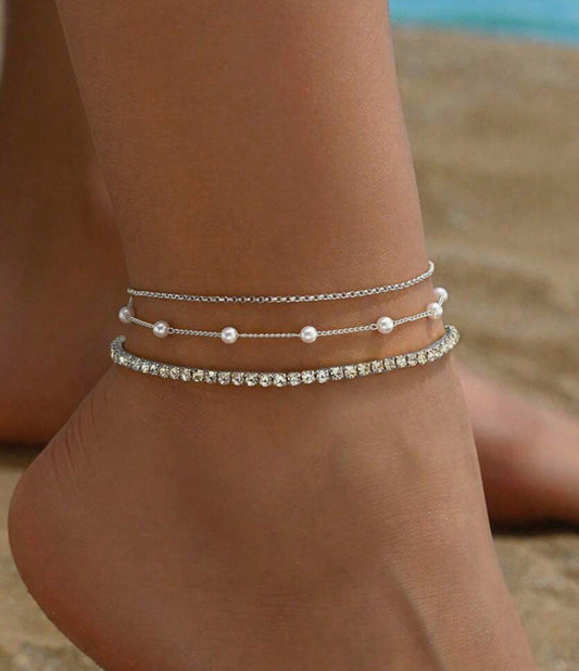 3pcs Elegant Rhinestone Anklet Set