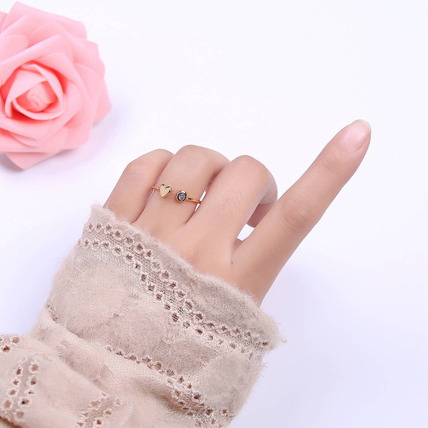 Simple Minimalist Heart & CZ Stone Adjustable Open Ring