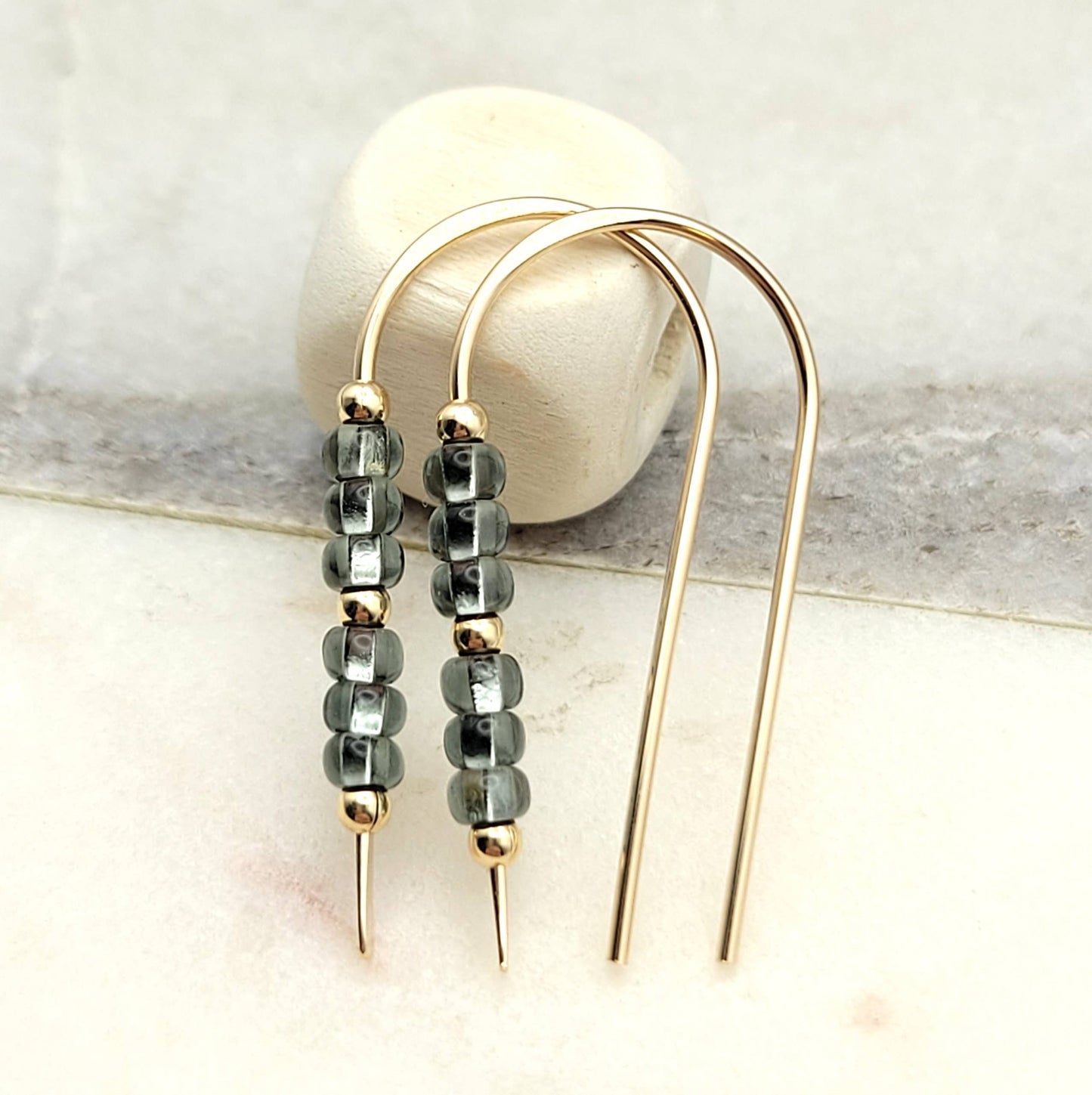 Gold Earrings - Beaded Threaders in Smokey Quartz