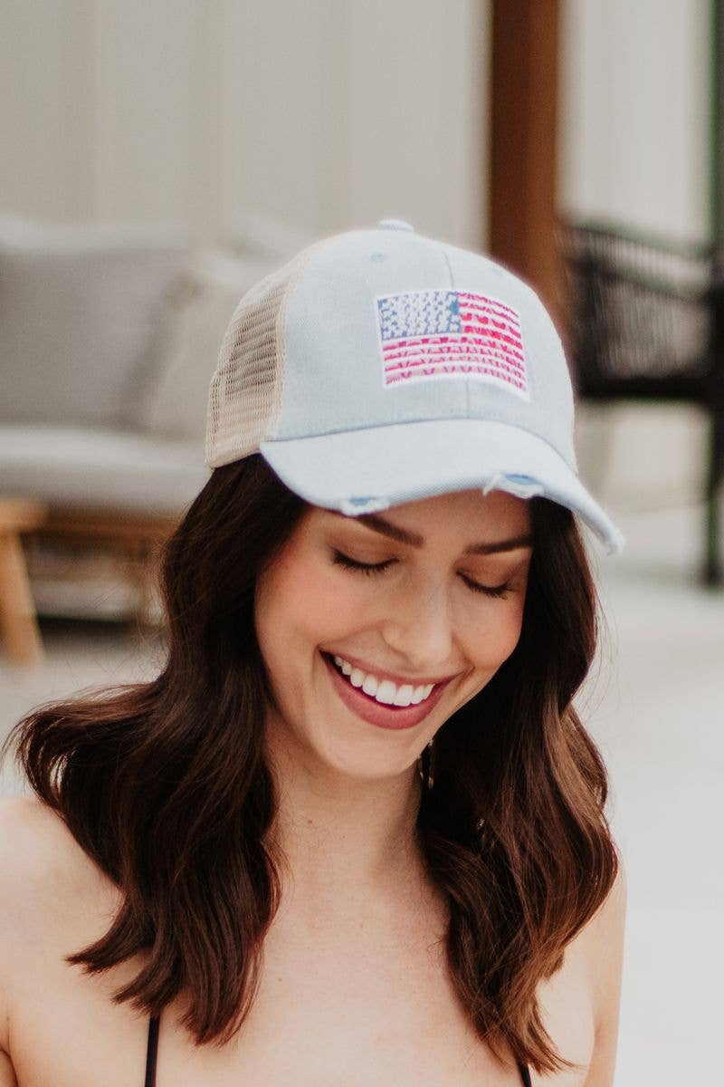 American Flag Denim Trucker Hat