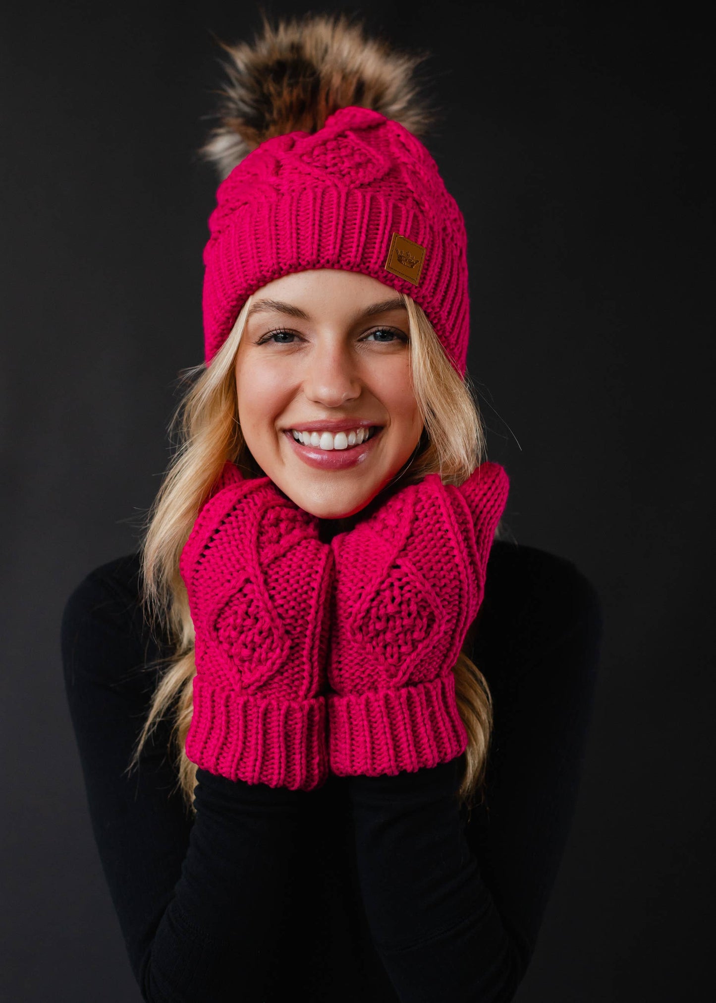 Bright Pink Cable Knit Mittens