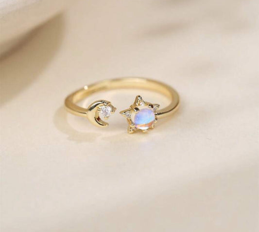 14k Gold Plated Australian Opal Moon & Star Ring