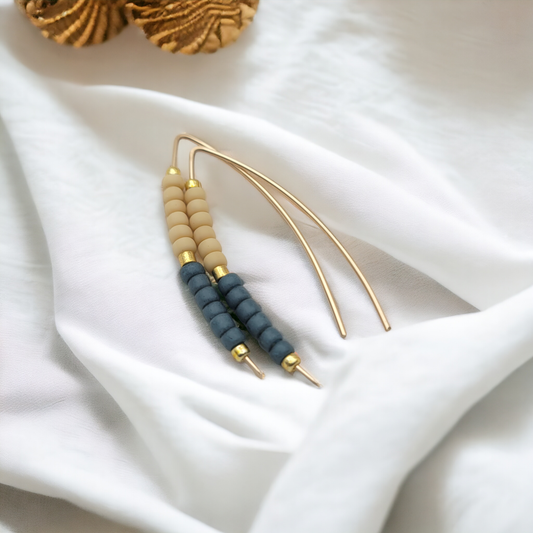 Gold Threader Earrings with Tan & Teal Beads