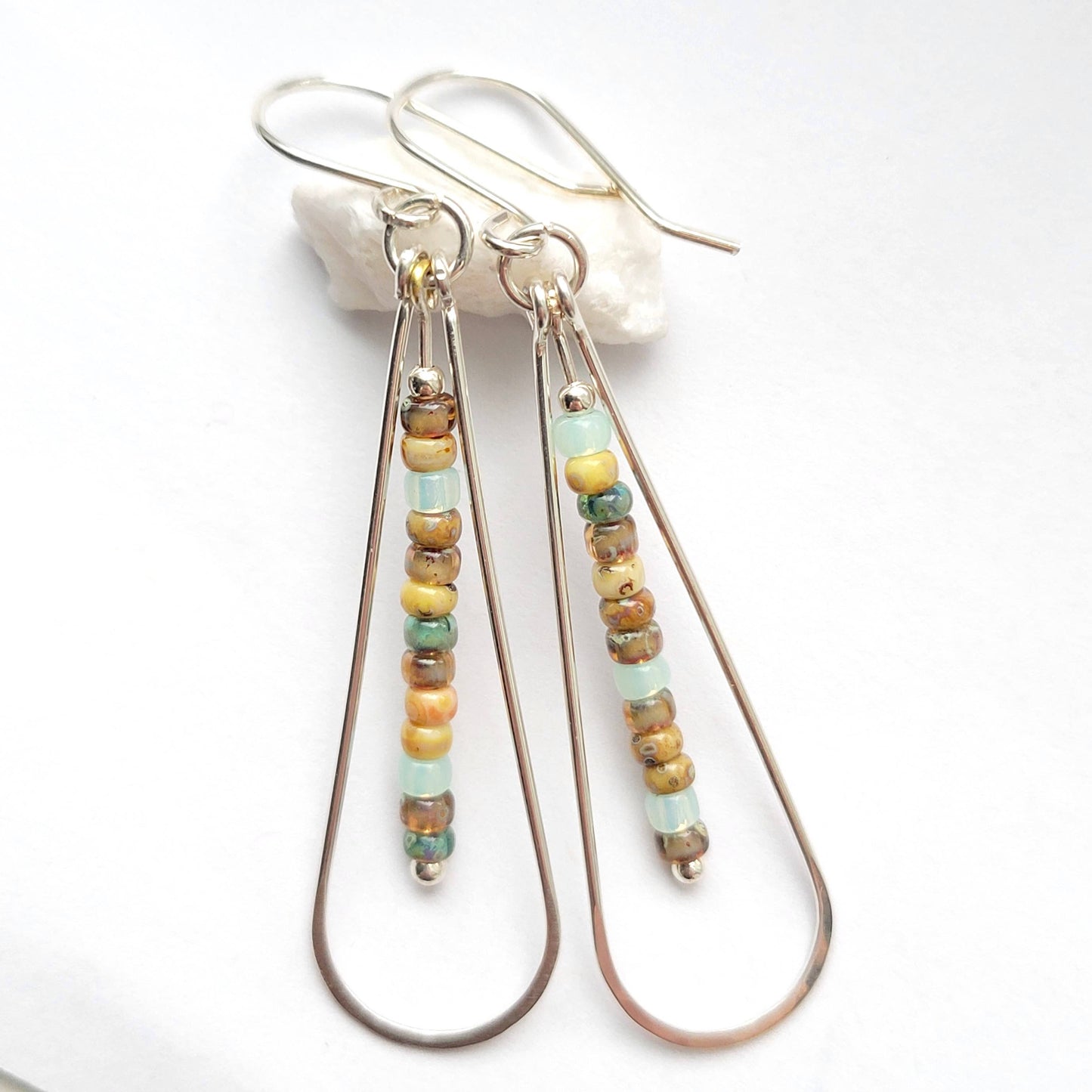 Long Silver Hoop Earrings with Multi Colored Beads