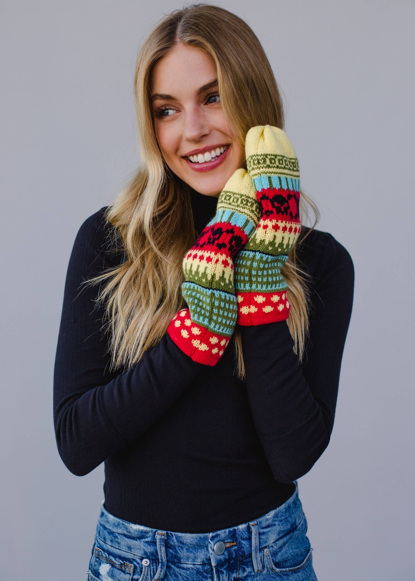 Yellow, Red & Black Patterned Knit Mittens