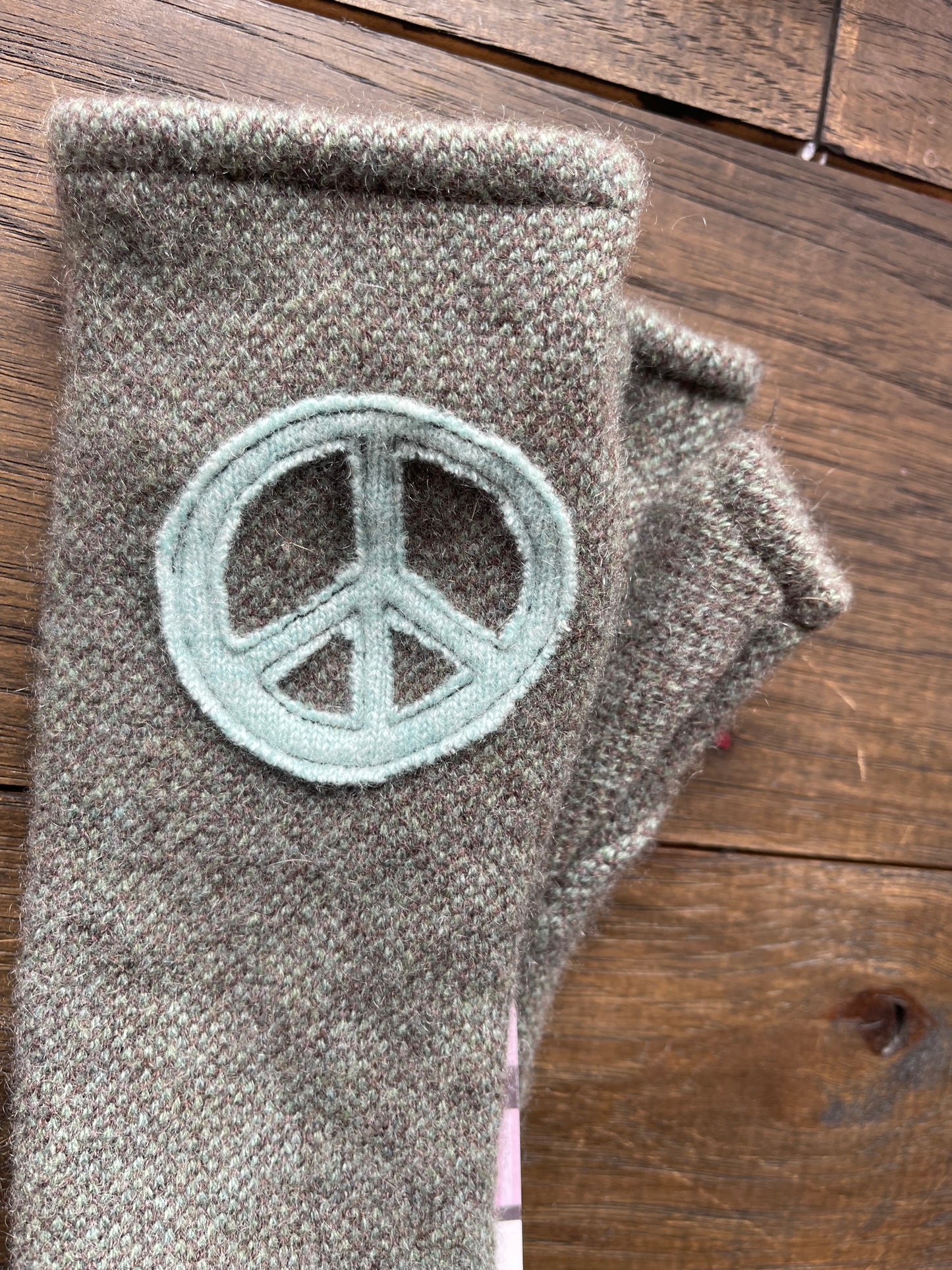 Hand Stitched Fingerless Gloves - Moss/Peace