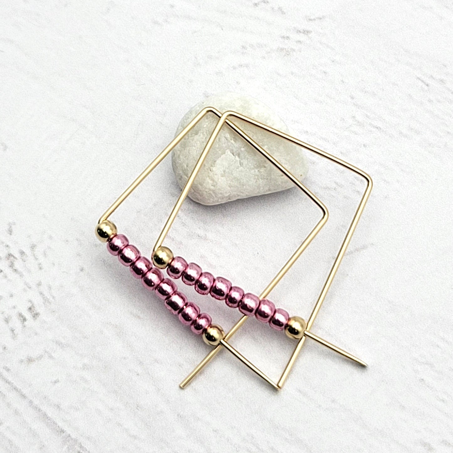 Gold Square Threader Hoops with Metallic Pink Beads