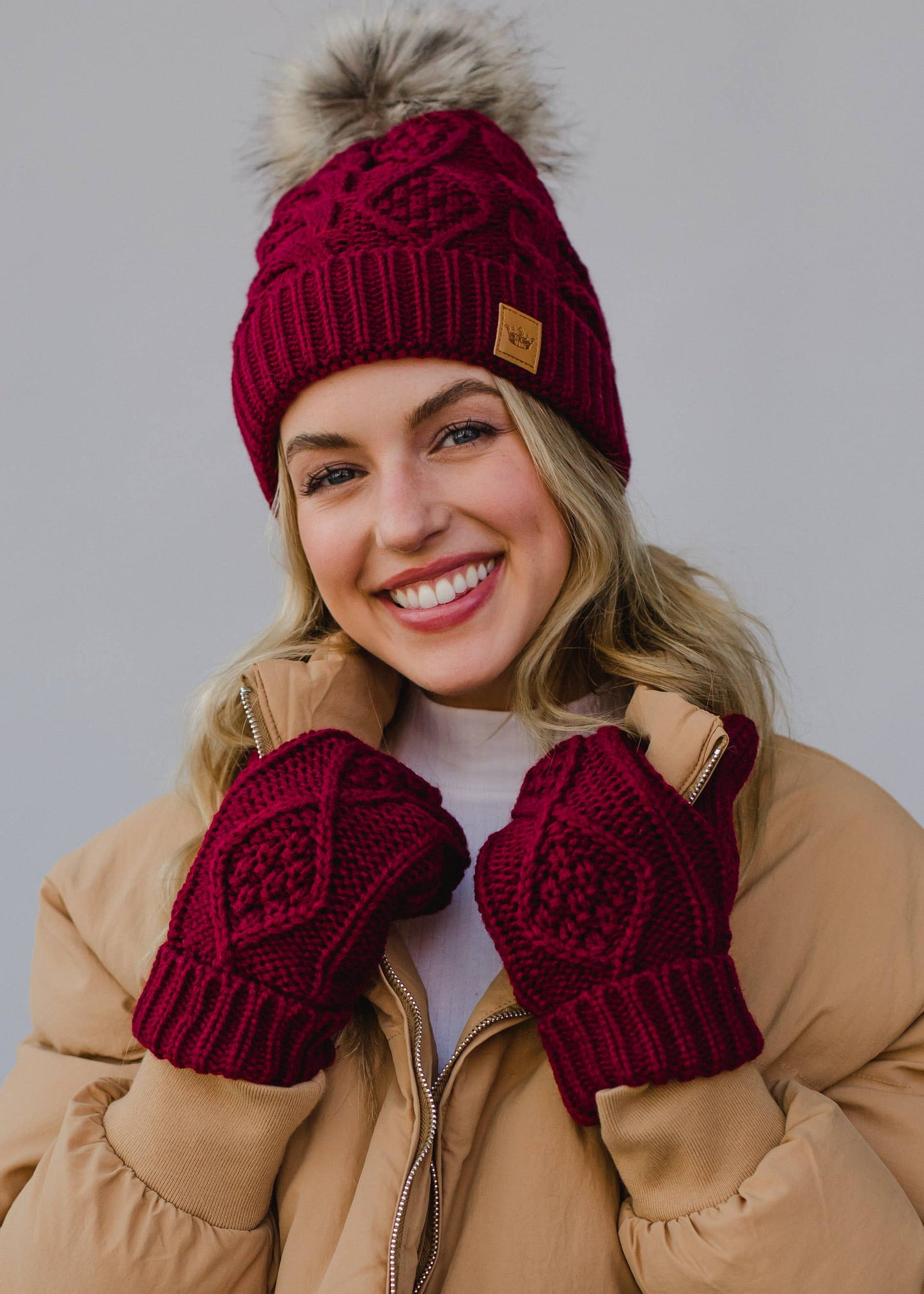 Burgundy Cable Knit Pom Hat