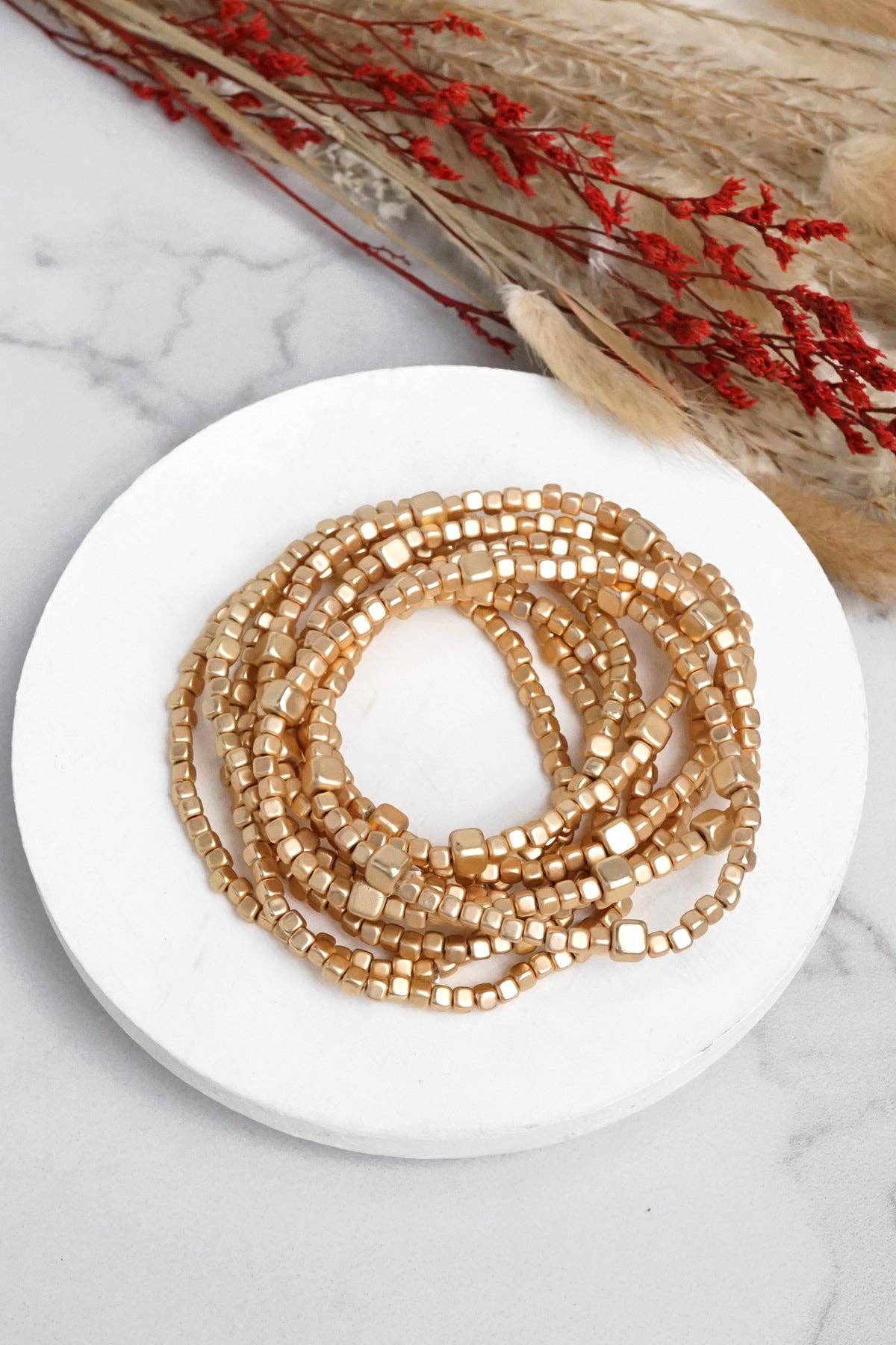 Beaded bracelets set golden stretchy