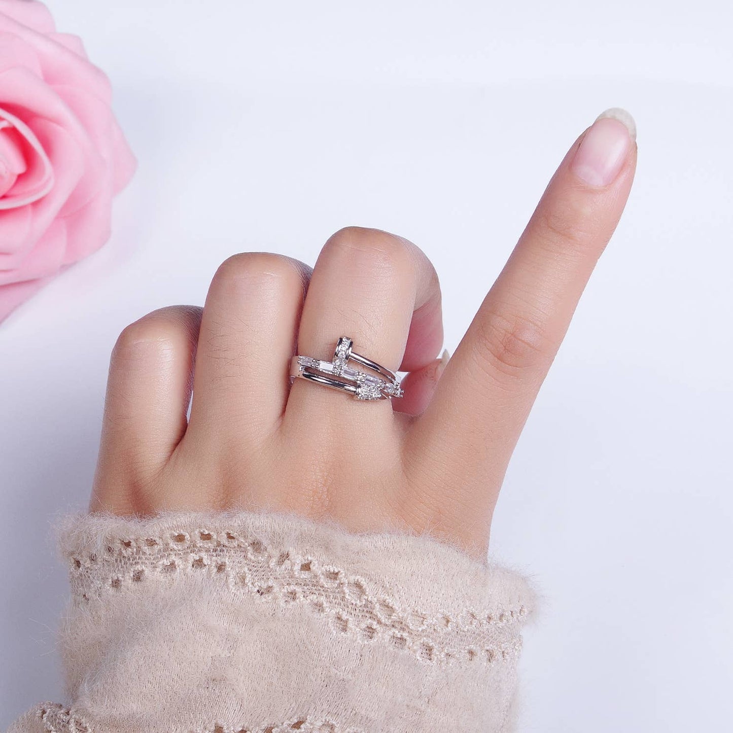 Clear CZ Crystal Unique Bended Nail Shaped Adjustable Ring