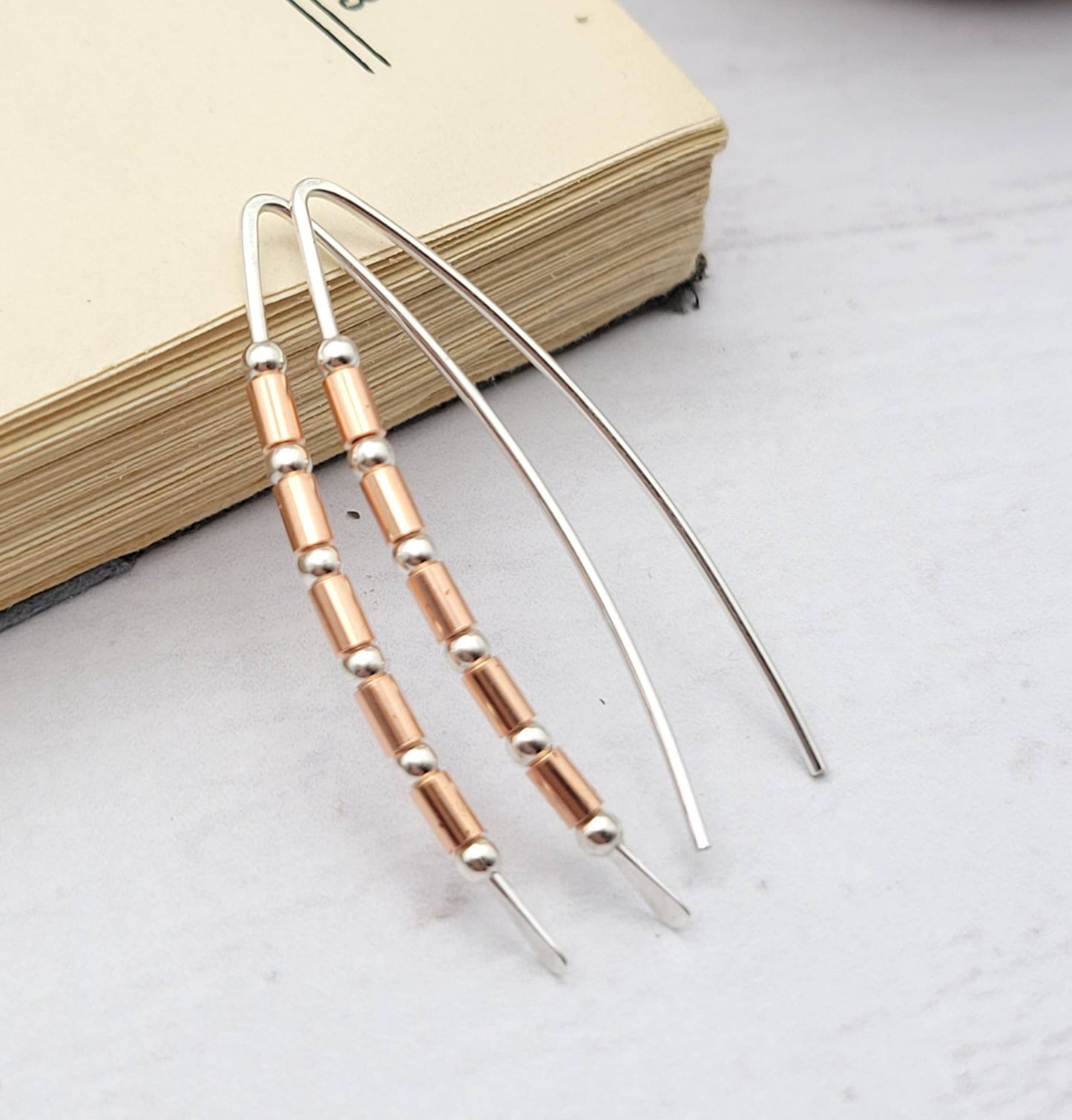 Sterling Silver and Copper Beaded Wishbone Earrings