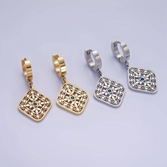 Stainless Steel Blue CZ Flower Filigree Drop Earrings
