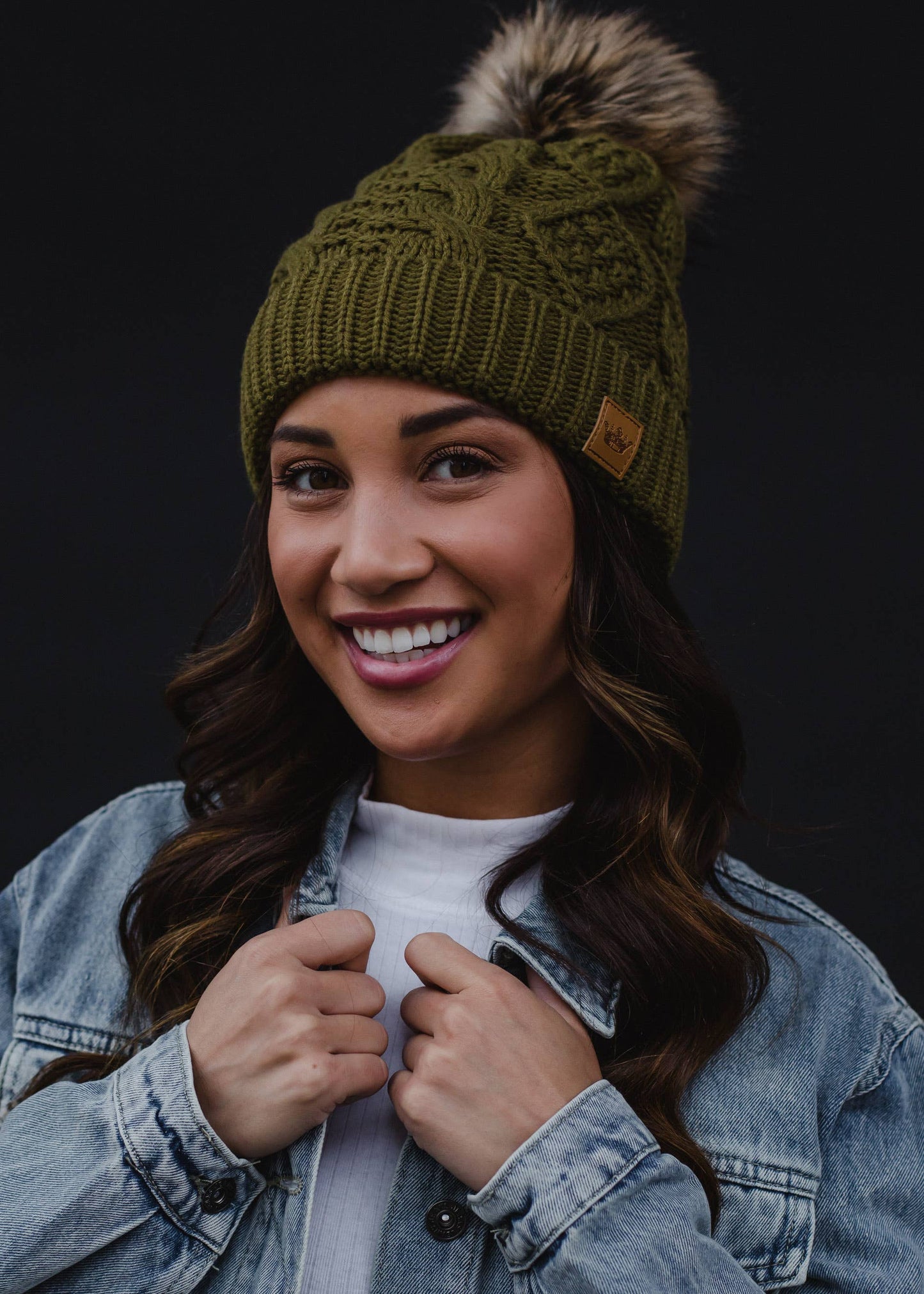 Muted Olive Cable Knit Pom Hat