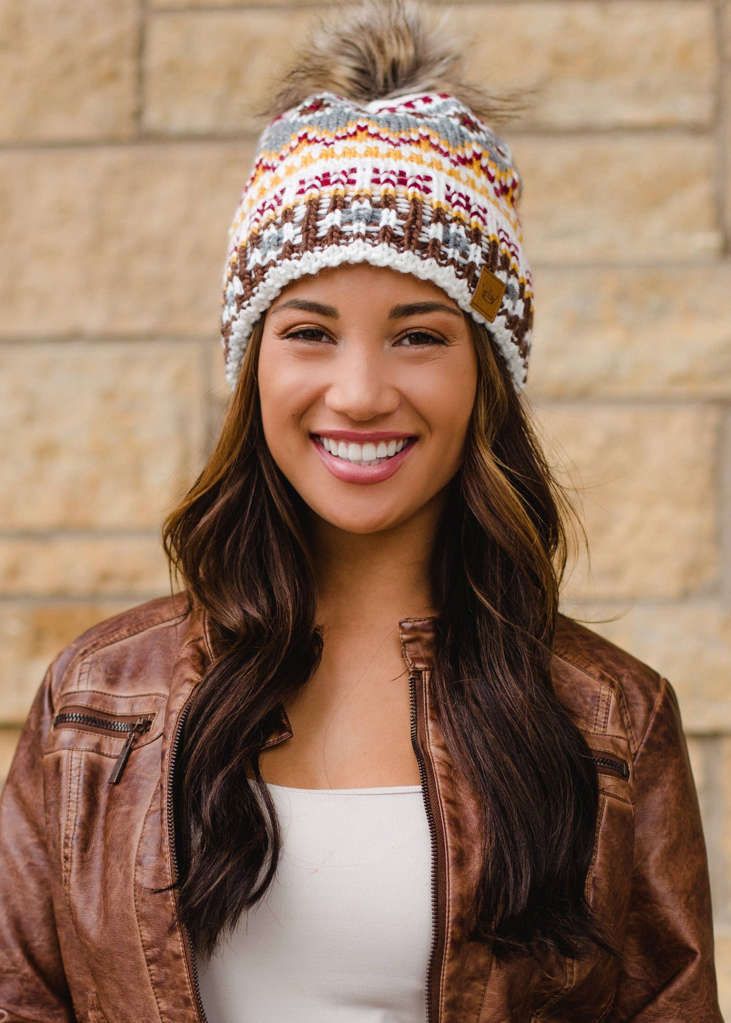 White & Multicolored Patterned Pom Hat