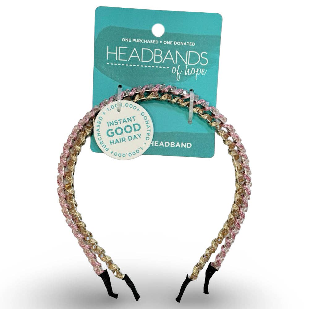 Thin Beaded Headband Set - Gold + Pink