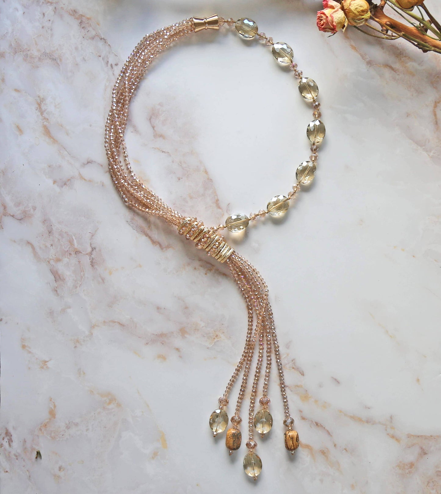 Multi-Strand Champagne Crystal Tassel Necklace