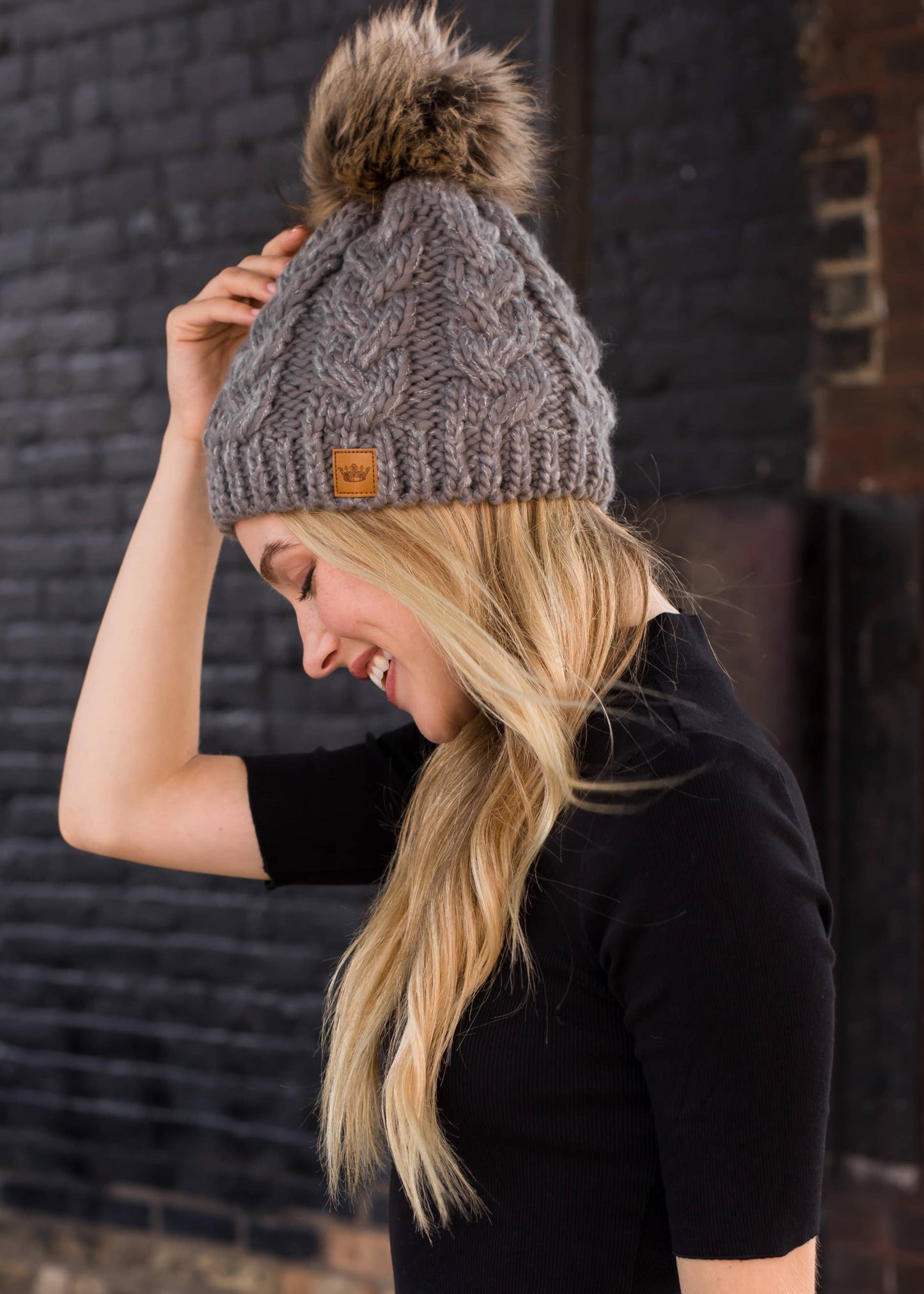 Grey Cable Knit Pom Hat