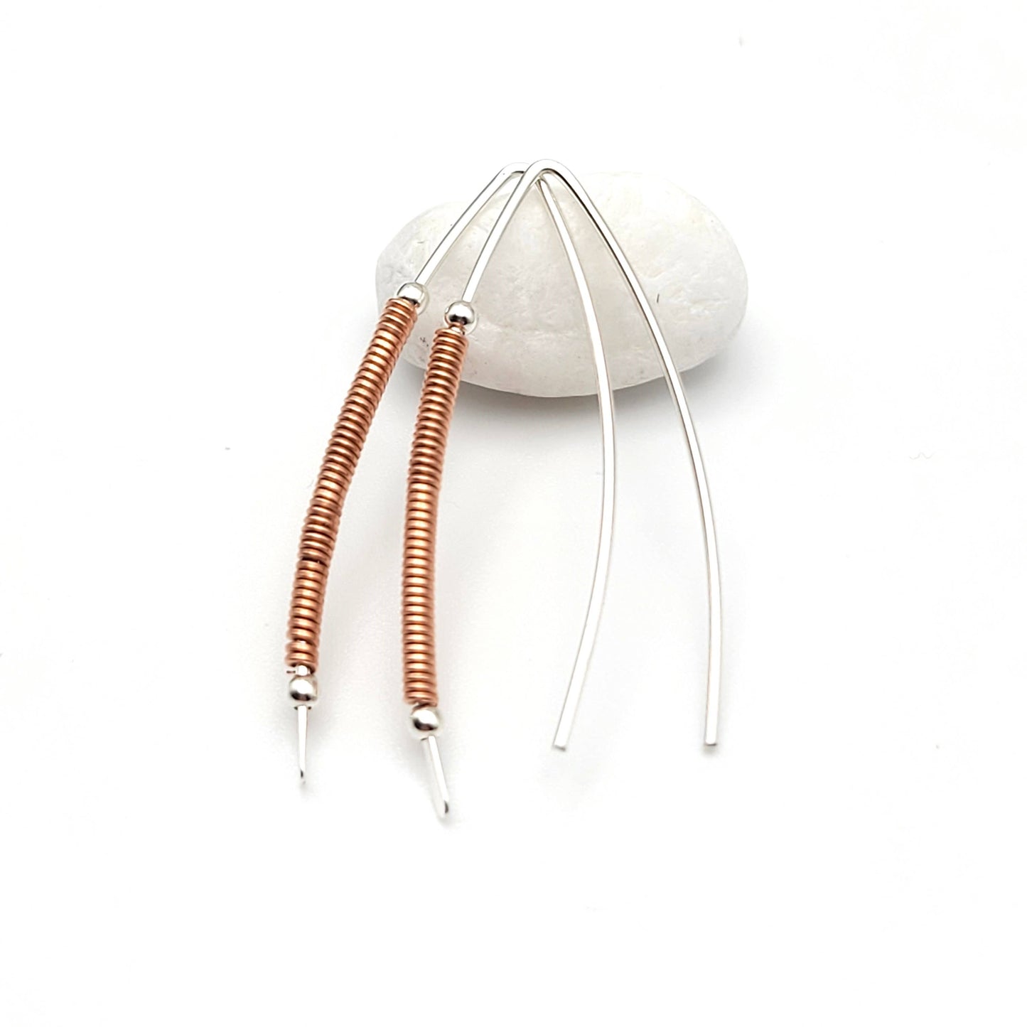 Silver and Copper Coil Wishbone Threader Earrings