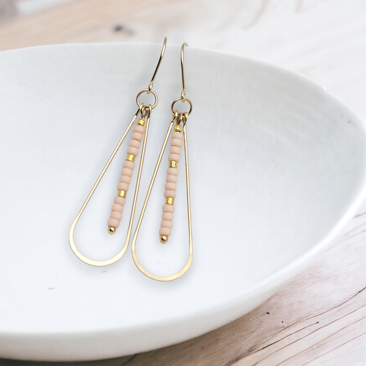 Long Gold Teardrop Hoop Earrings with Pale Pink Seed Beads
