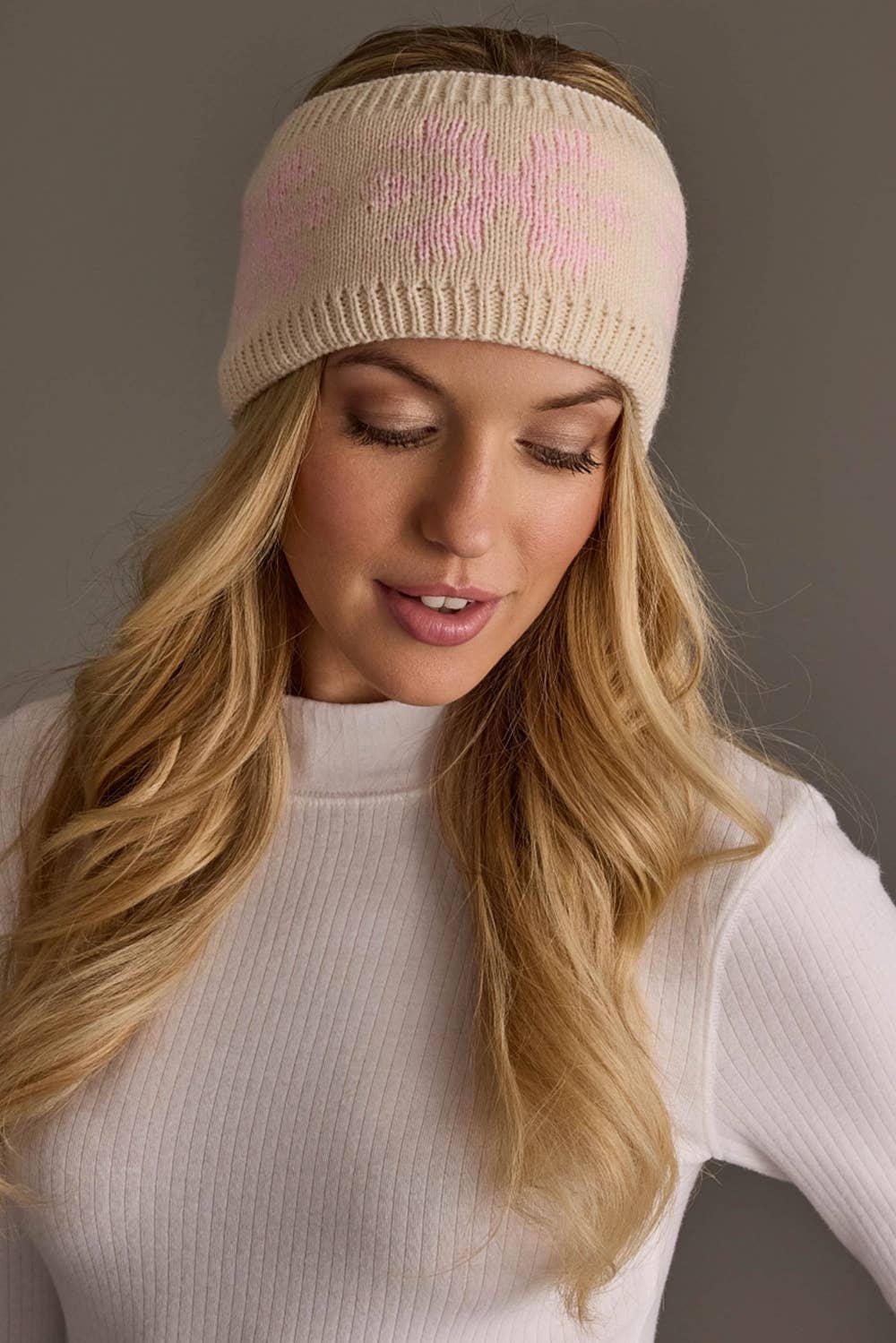 Beige & Lt. Pink Snowflake Knit Headband