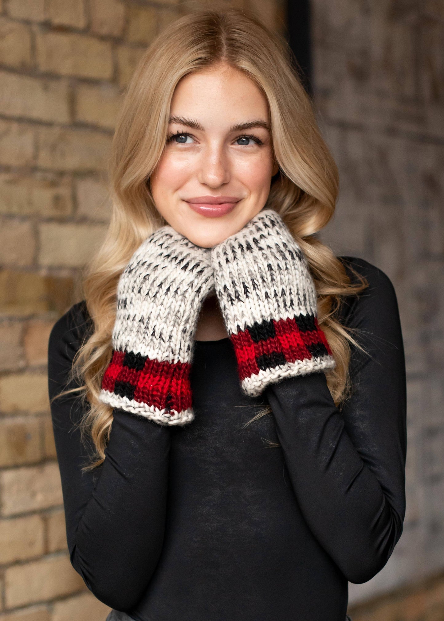 Gray Heather Mittens w/ Red Plaid Trim