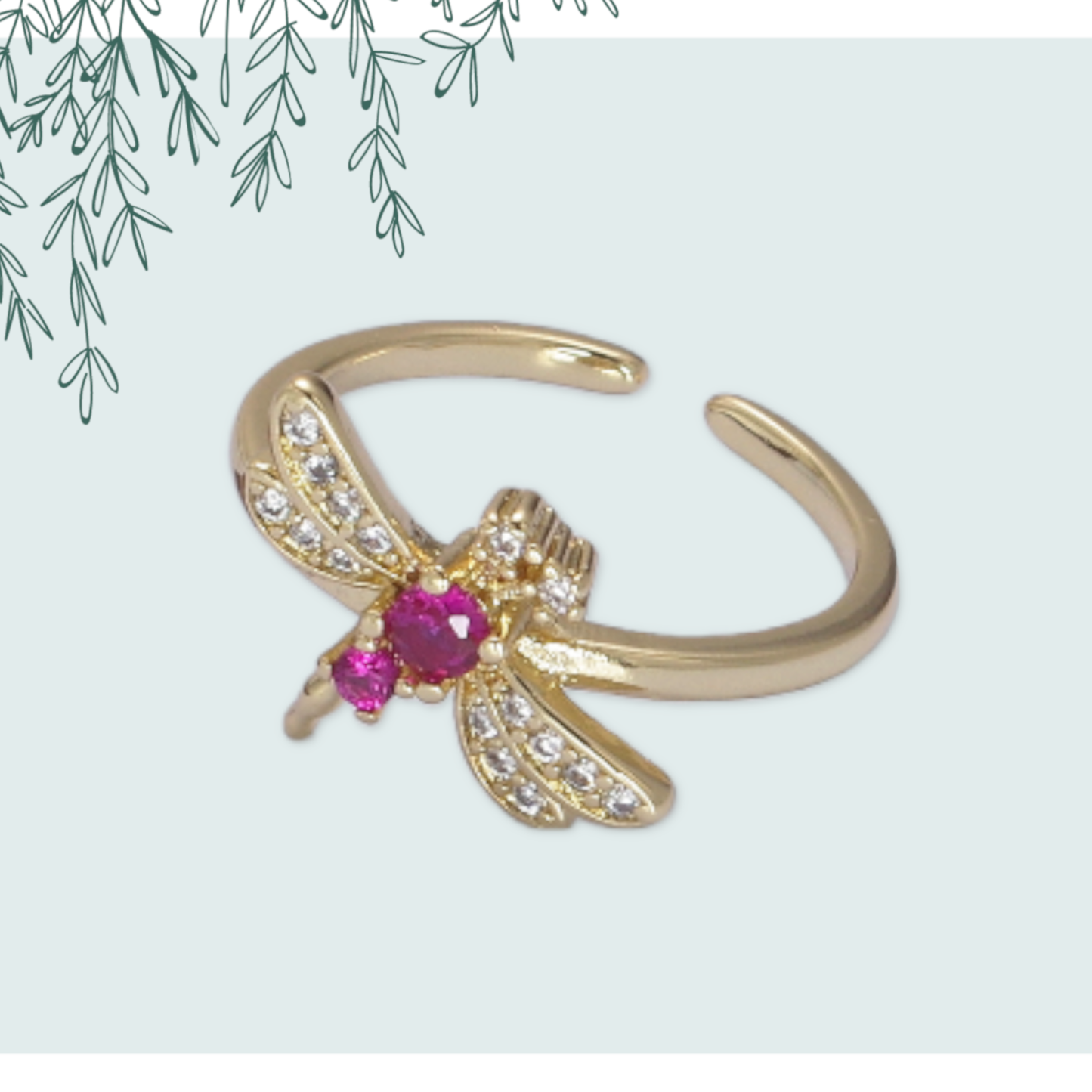 Elegant Fuchsia CZ Stone Dragonfly Gold Minimalist Ring