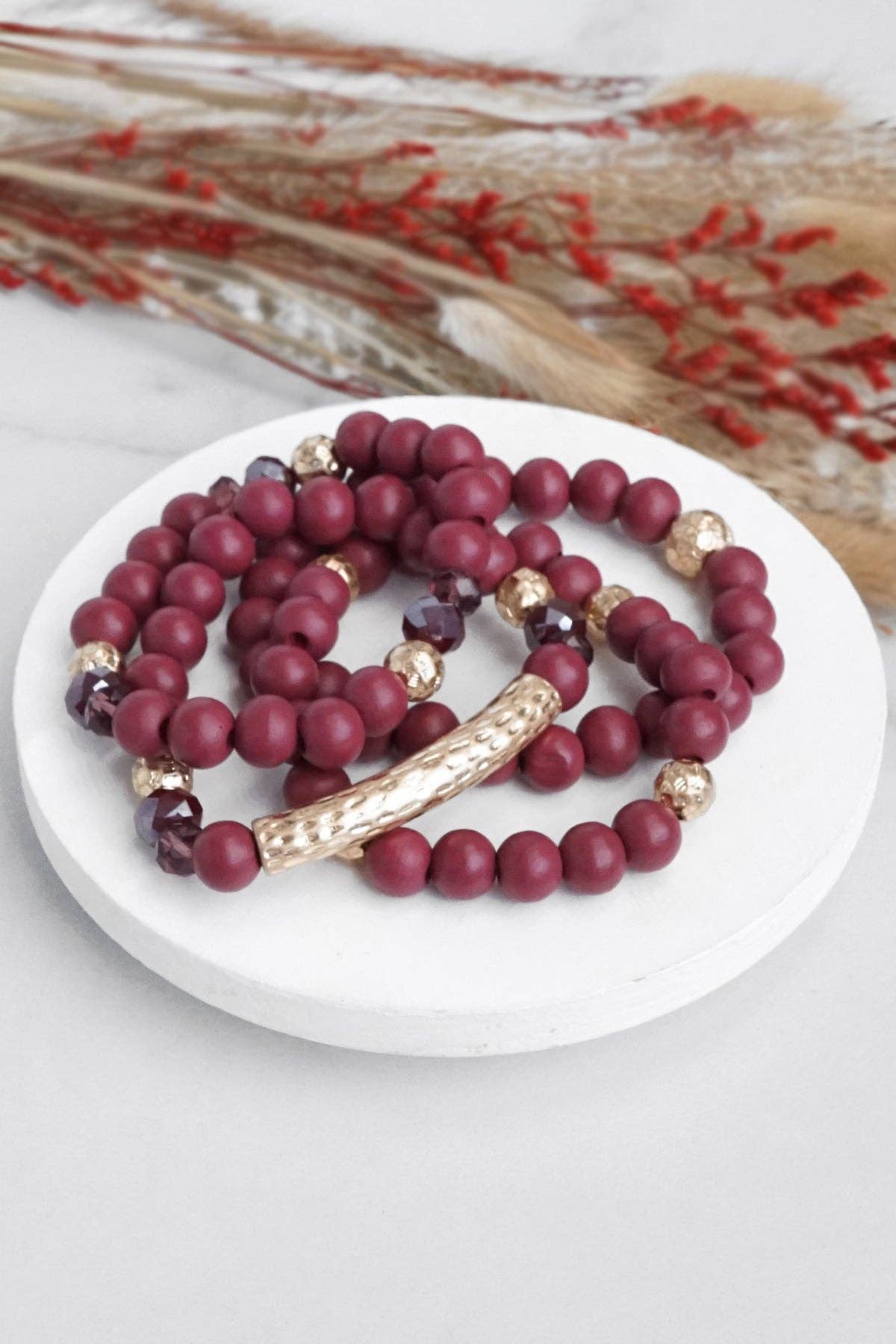 Individual x1 Beaded Wooden Burgundy Bracelet