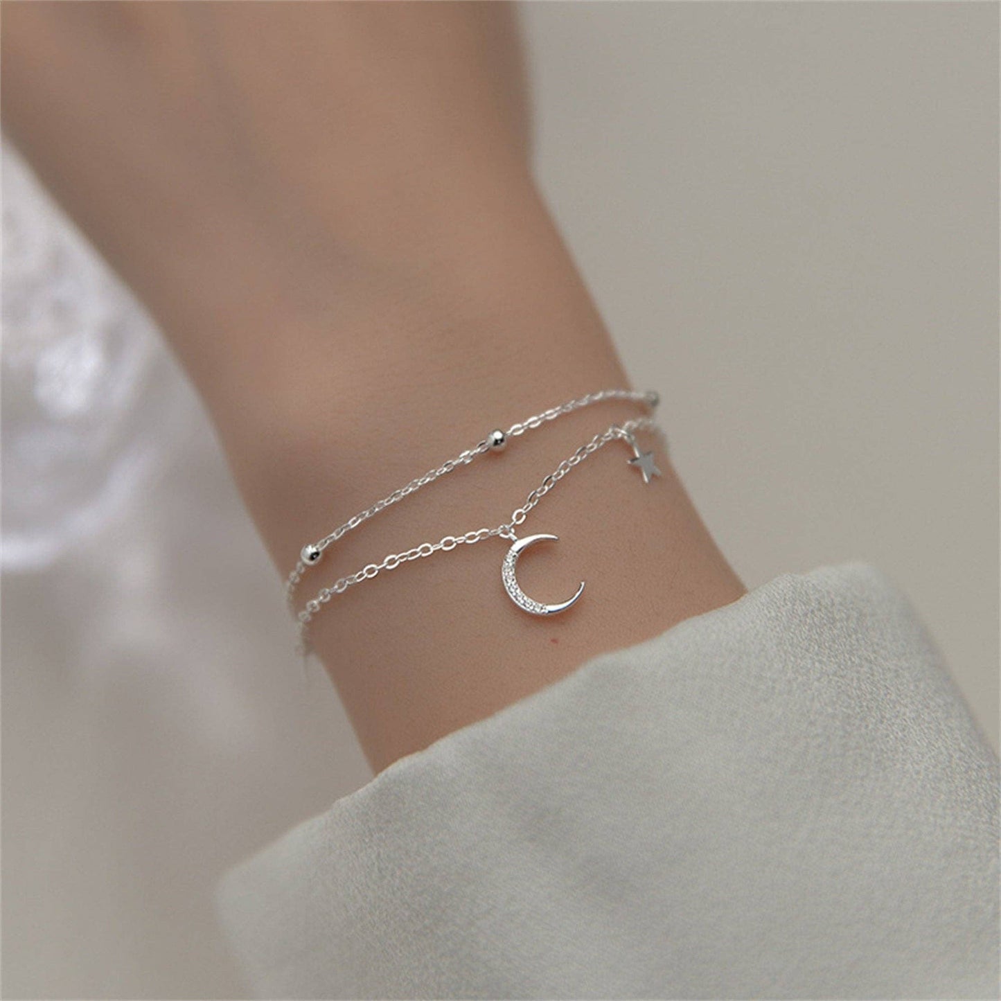 Boho Moon Star Charm Layered Bracelet in 925 Sterling Silver