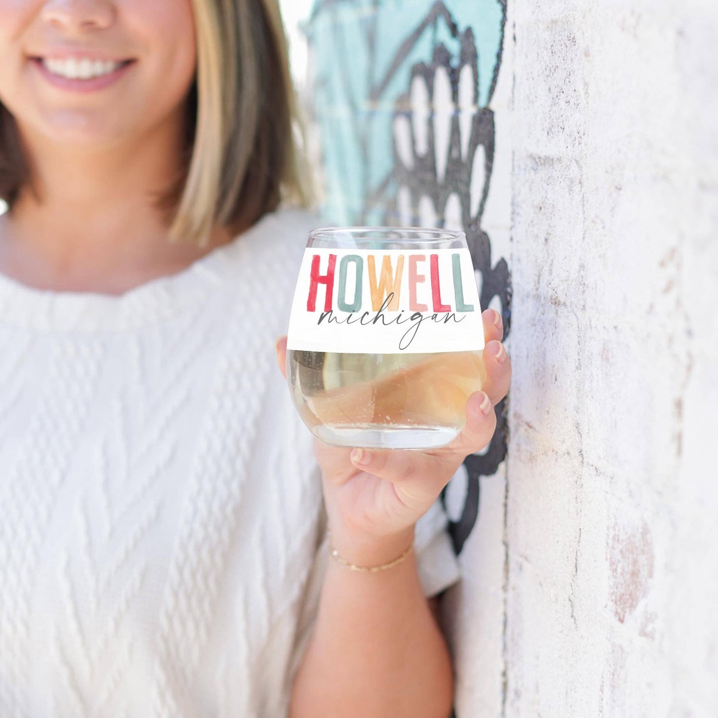 15oz Stemless Wine Glass-Watercolor City Howell Michigan