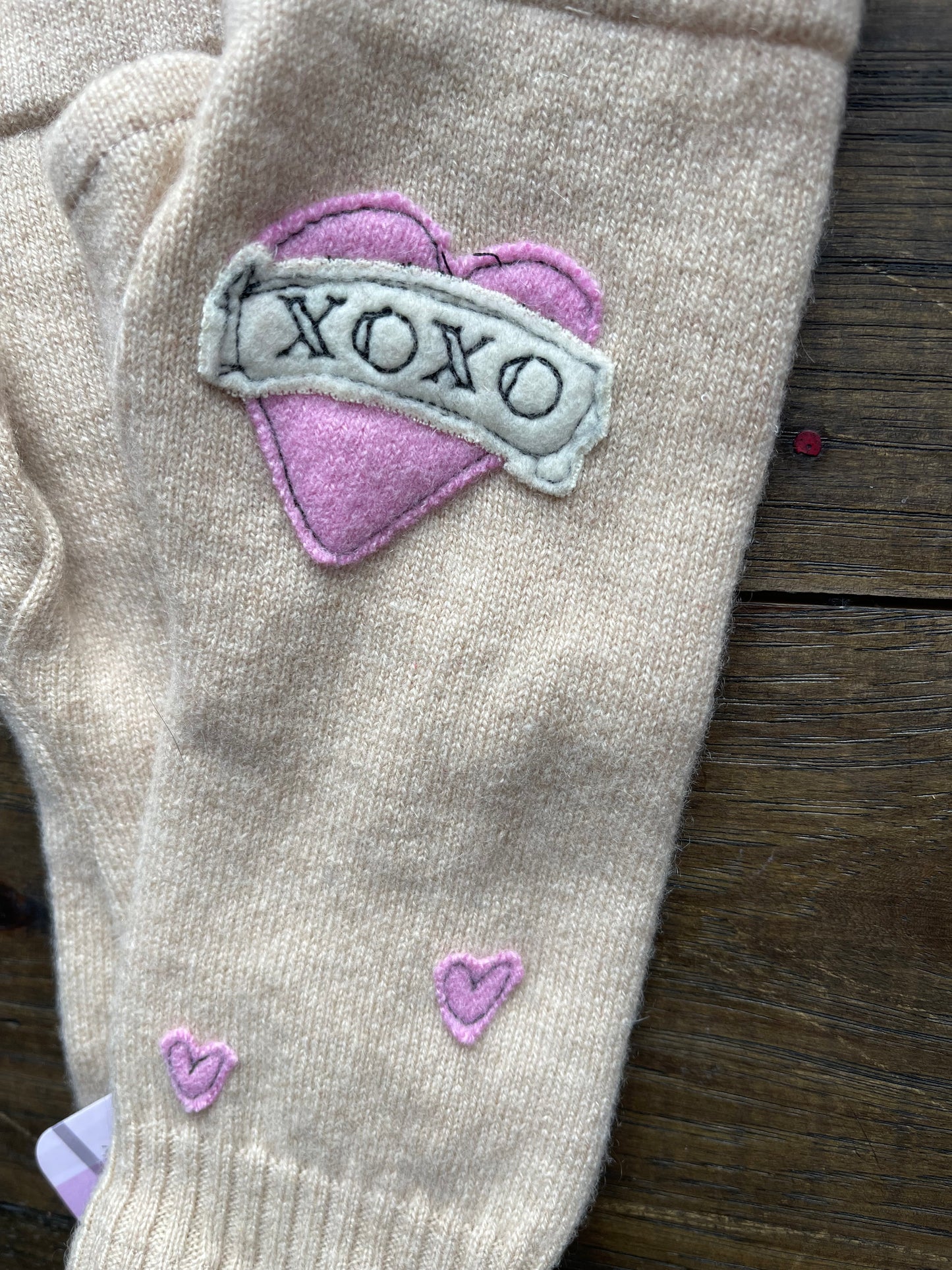 Hand Stitched Fingerless Gloves - Beige/Pink XOXO