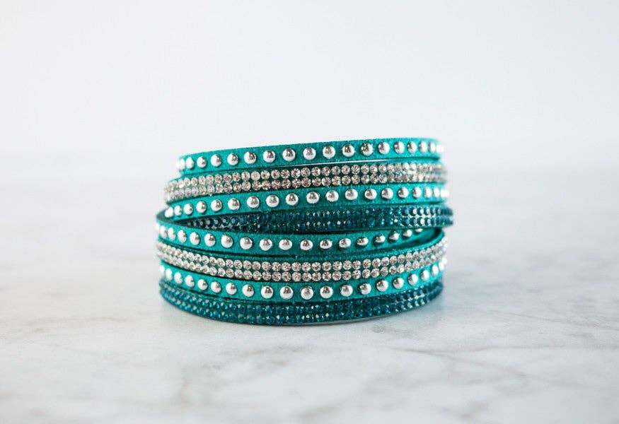 Josie Crystal & Silver Studded Leather Wrap Bracelet