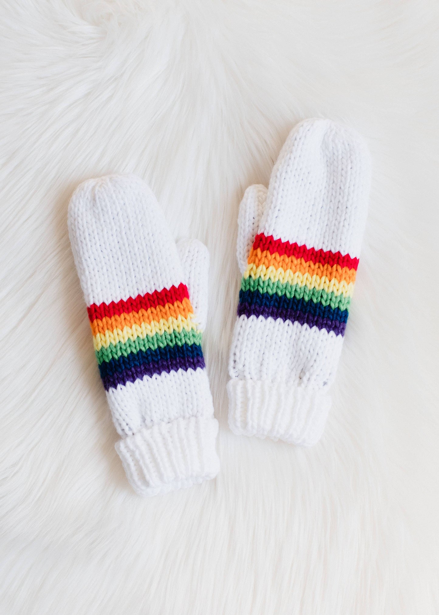 White & Rainbow Striped Mittens