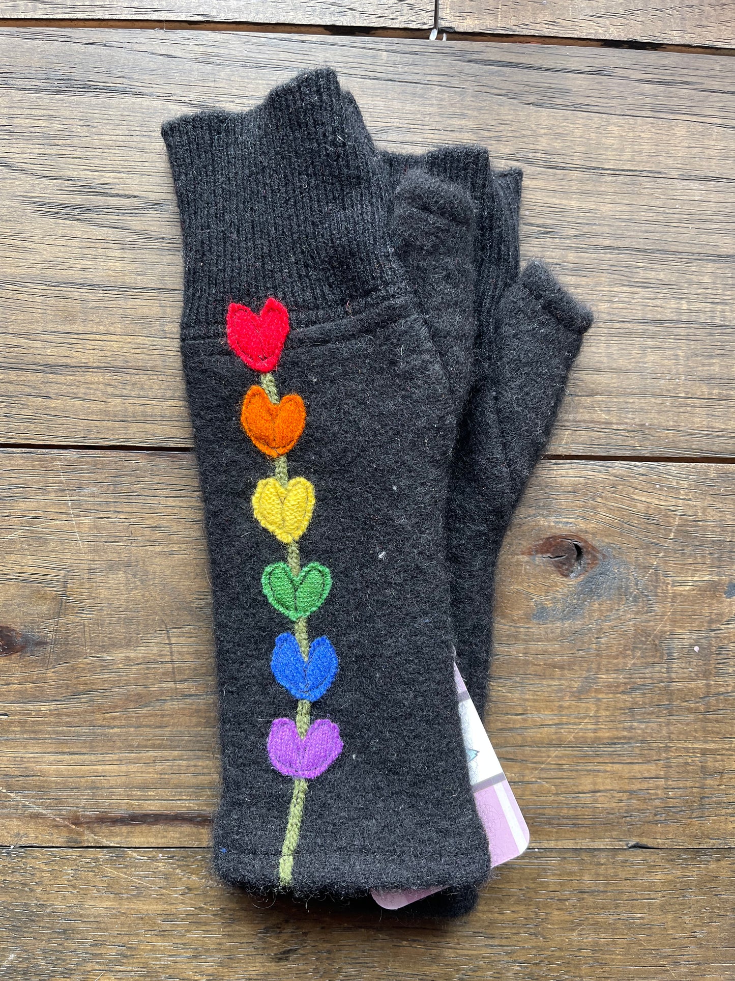 Hand Stitched Fingerless Gloves - Blk/Rainbow Flower