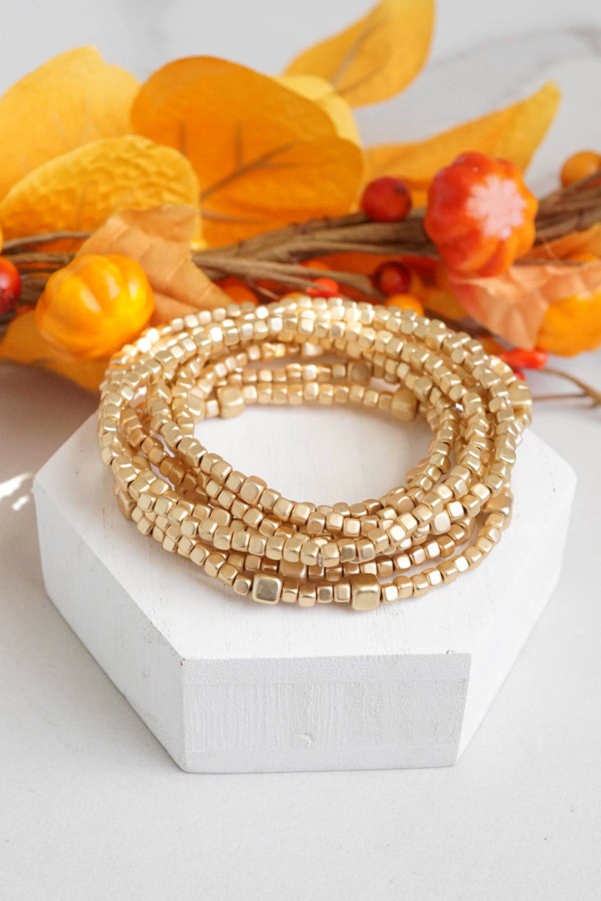 Beaded bracelets set golden stretchy