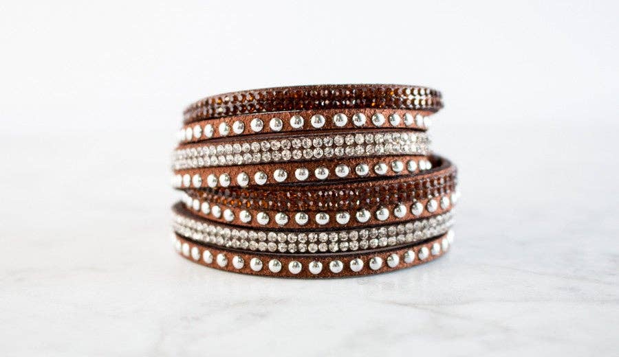 Josie Crystal & Silver Studded Leather Wrap Bracelet