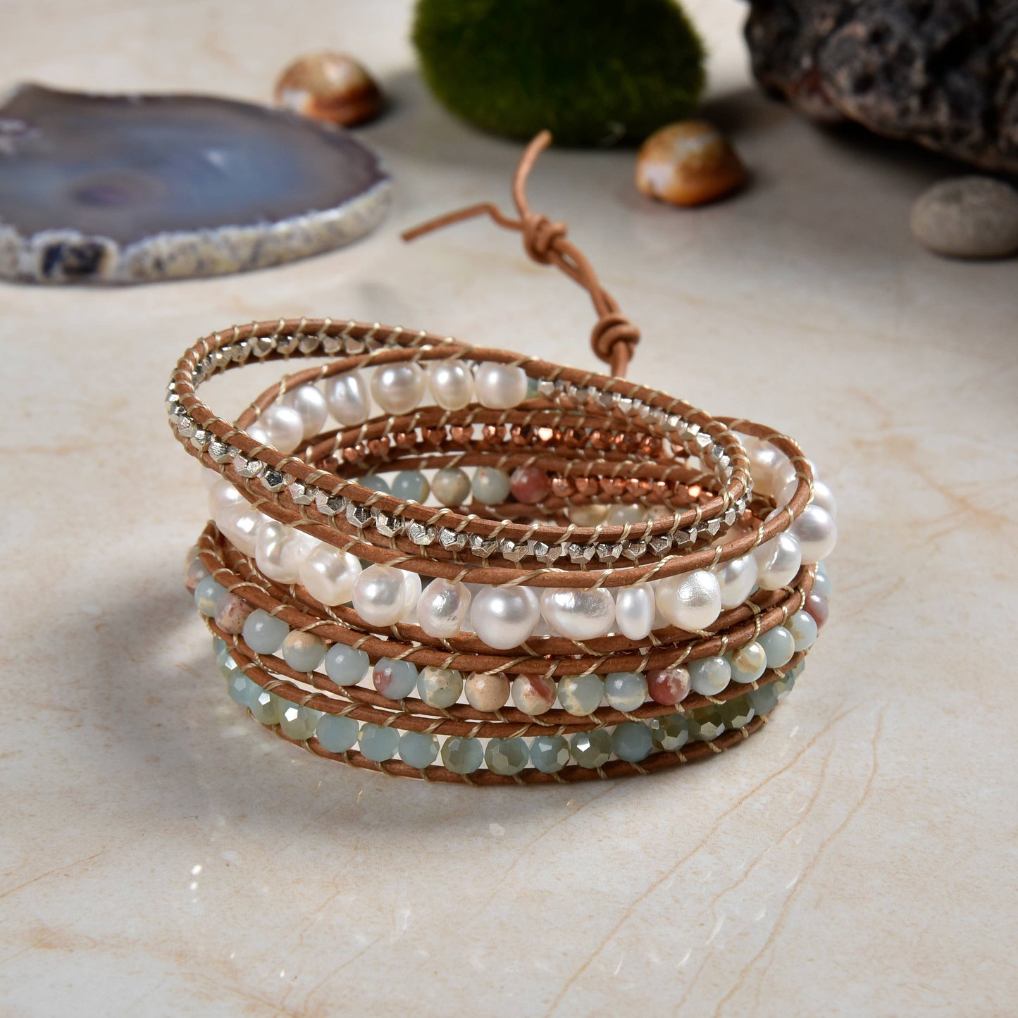 Cultured Pearl and Snake Skin Mix-media Wrap Bracelet