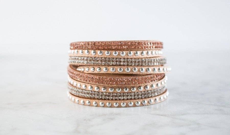 Josie Crystal & Silver Studded Leather Wrap Bracelet