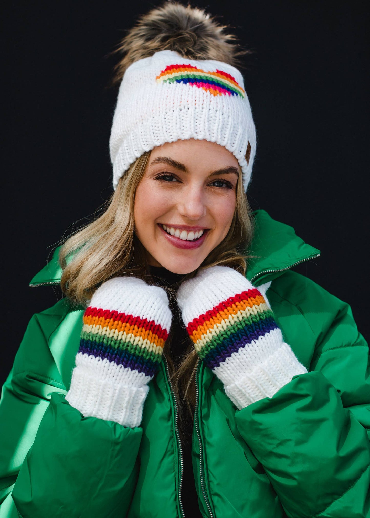 White & Rainbow Heart Pom Hat