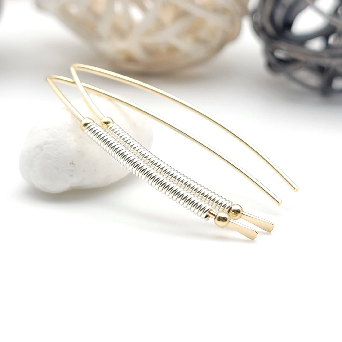 Gold and Silver Coil Wishbone Threader Earrings