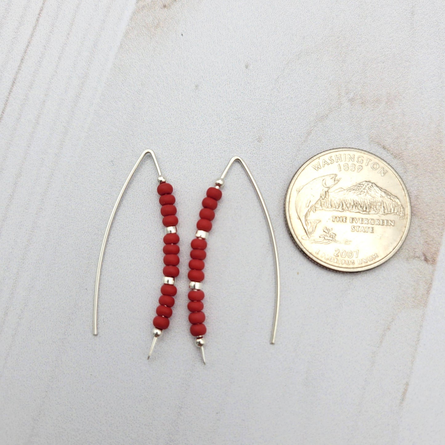 Red & Silver Beaded Silver Threader Earrings