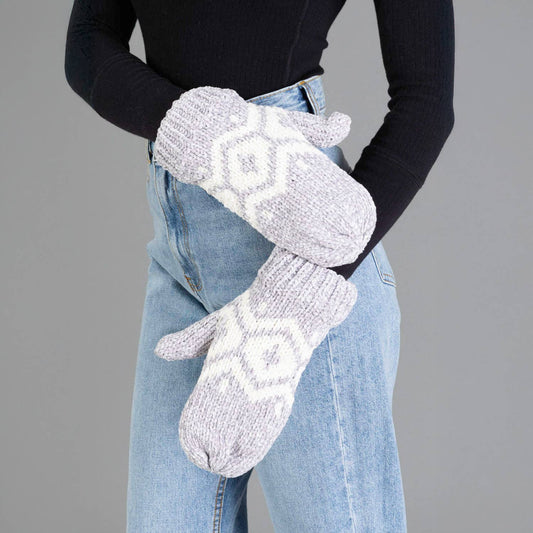 Gray & Cream Patterned Chenille Mittens