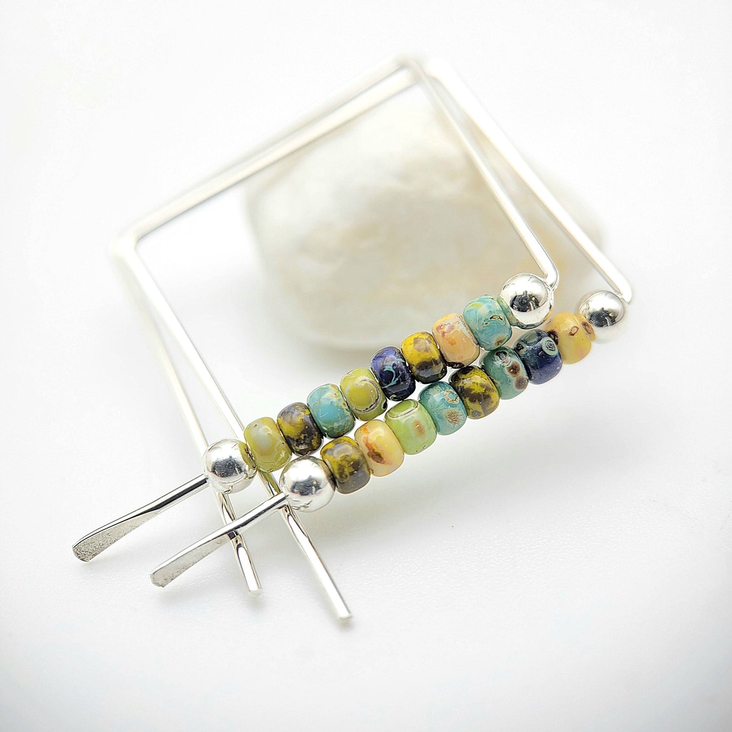 Silver Square Threader Hoops with Spring Colored Beads