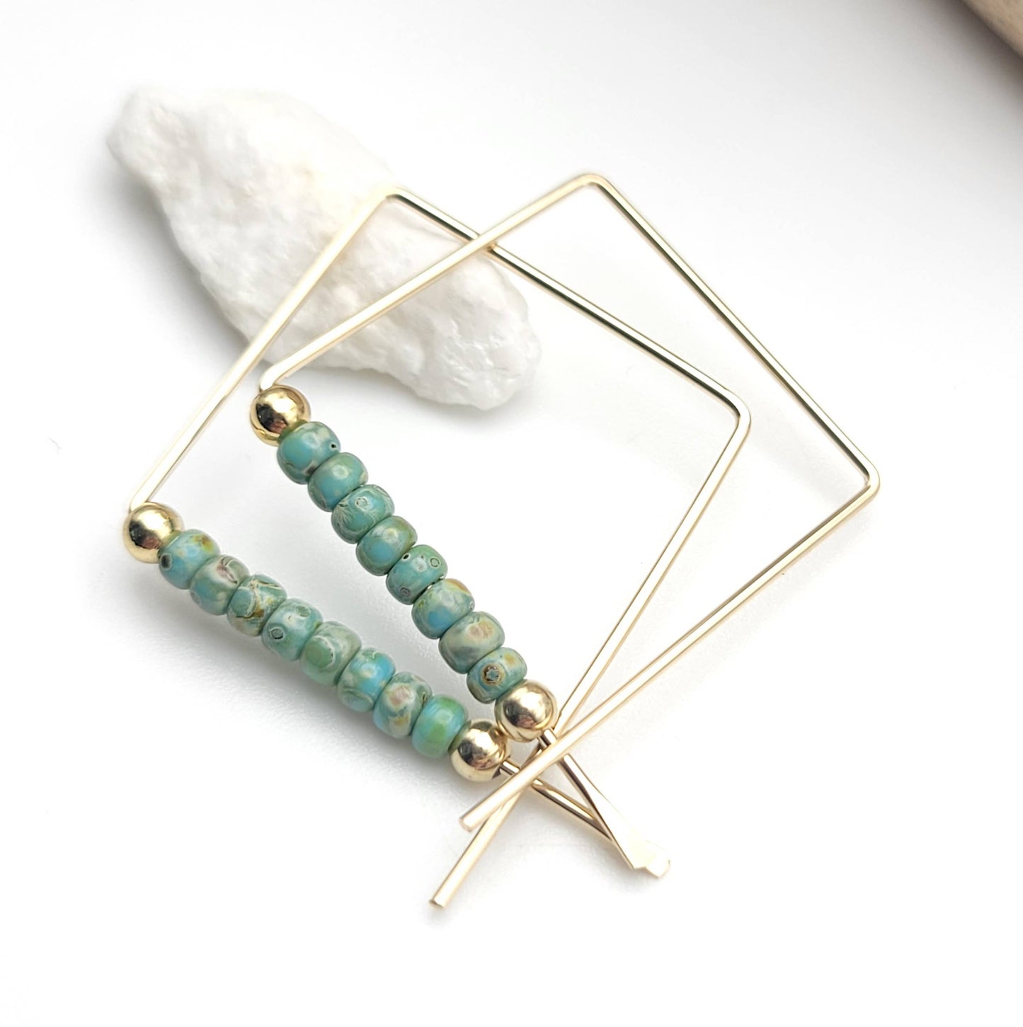 14k Gold Square Threader Hoops with Turquoise Beads