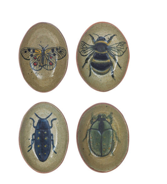 7” Glazed Stoneware Dish Insect Style - 4 Styles