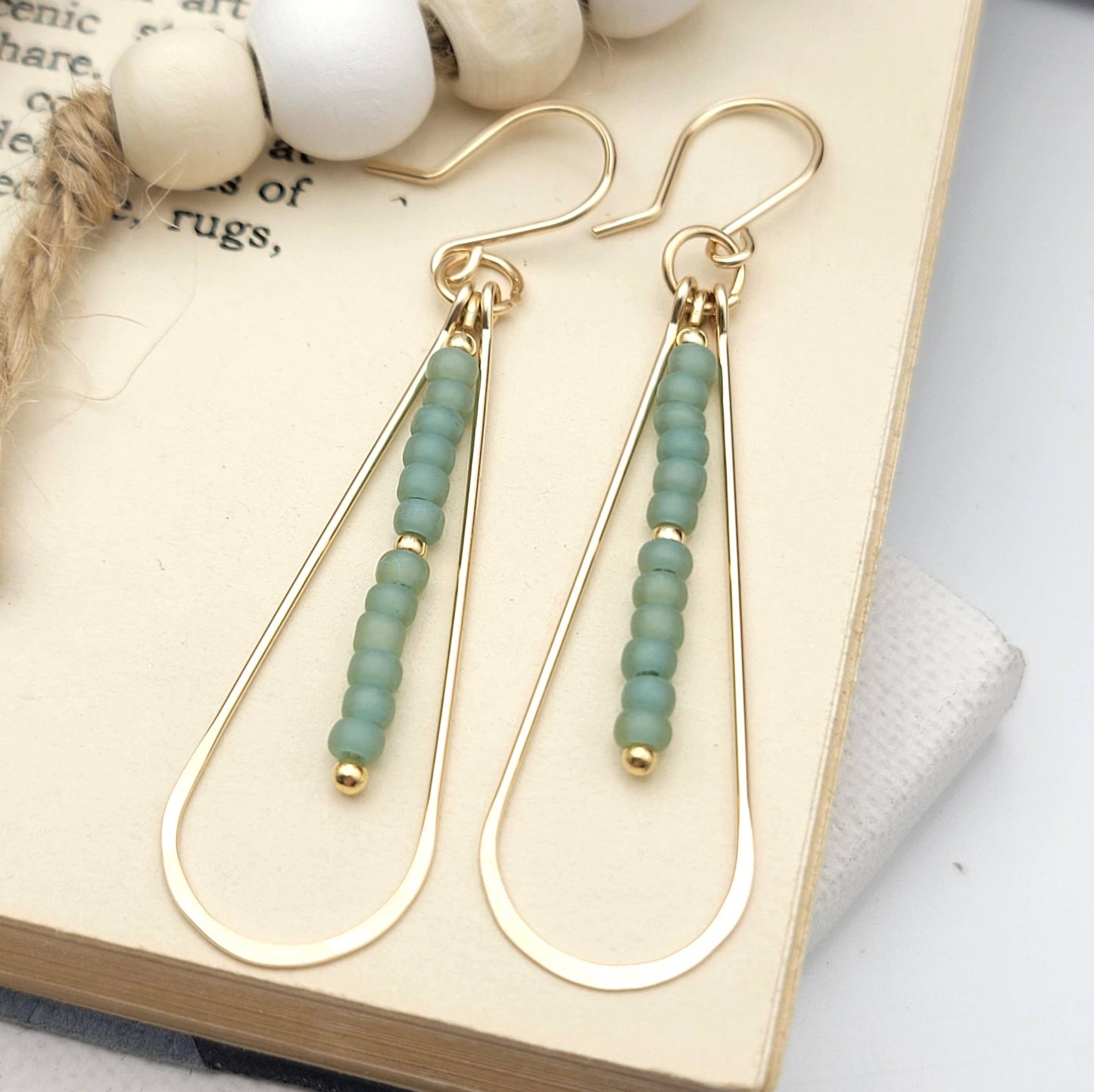 Long 14k Gold Filled Hoop Earrings with Sea Glass Green Bead