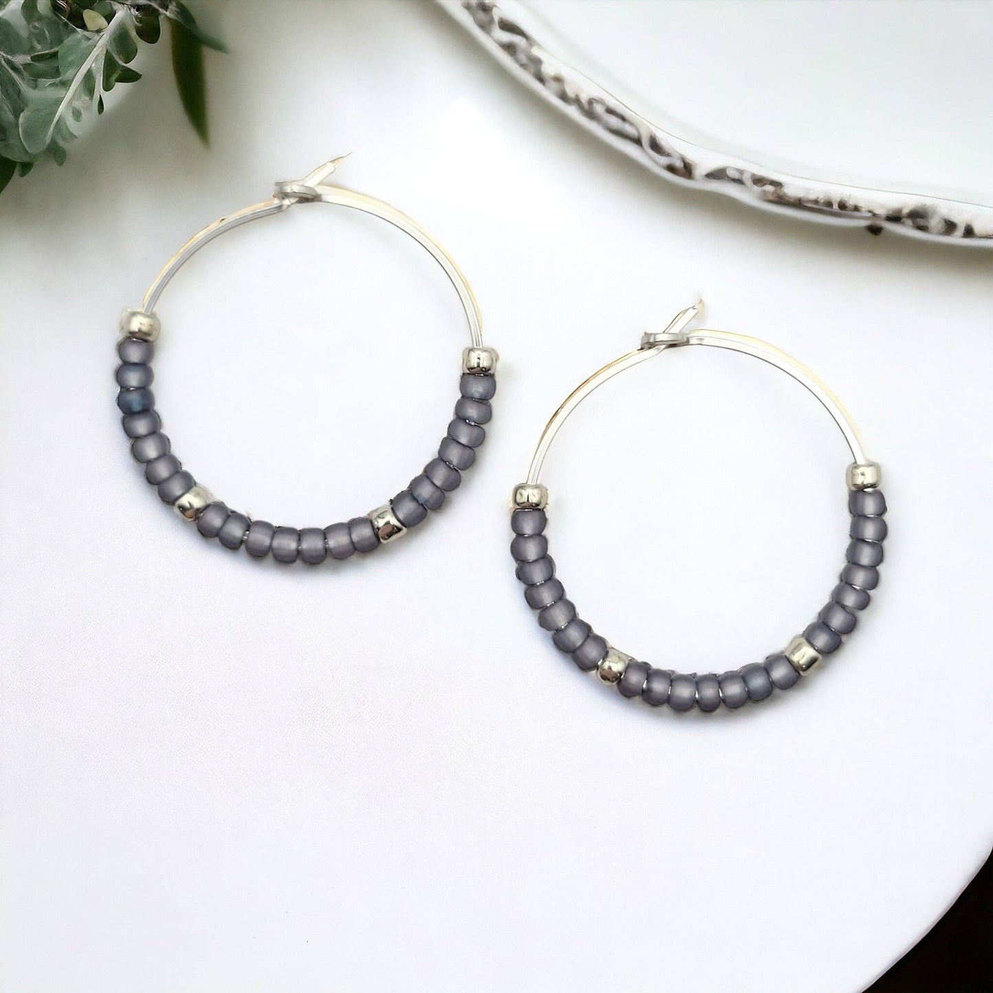 Spring Sterling Silver Hoop Earrings with Purple Seed Beads