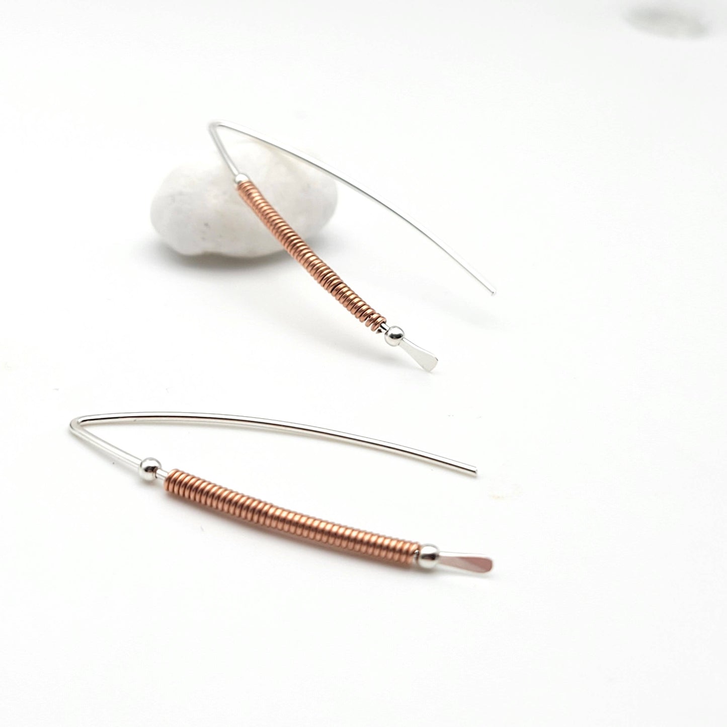 Silver and Copper Coil Wishbone Threader Earrings