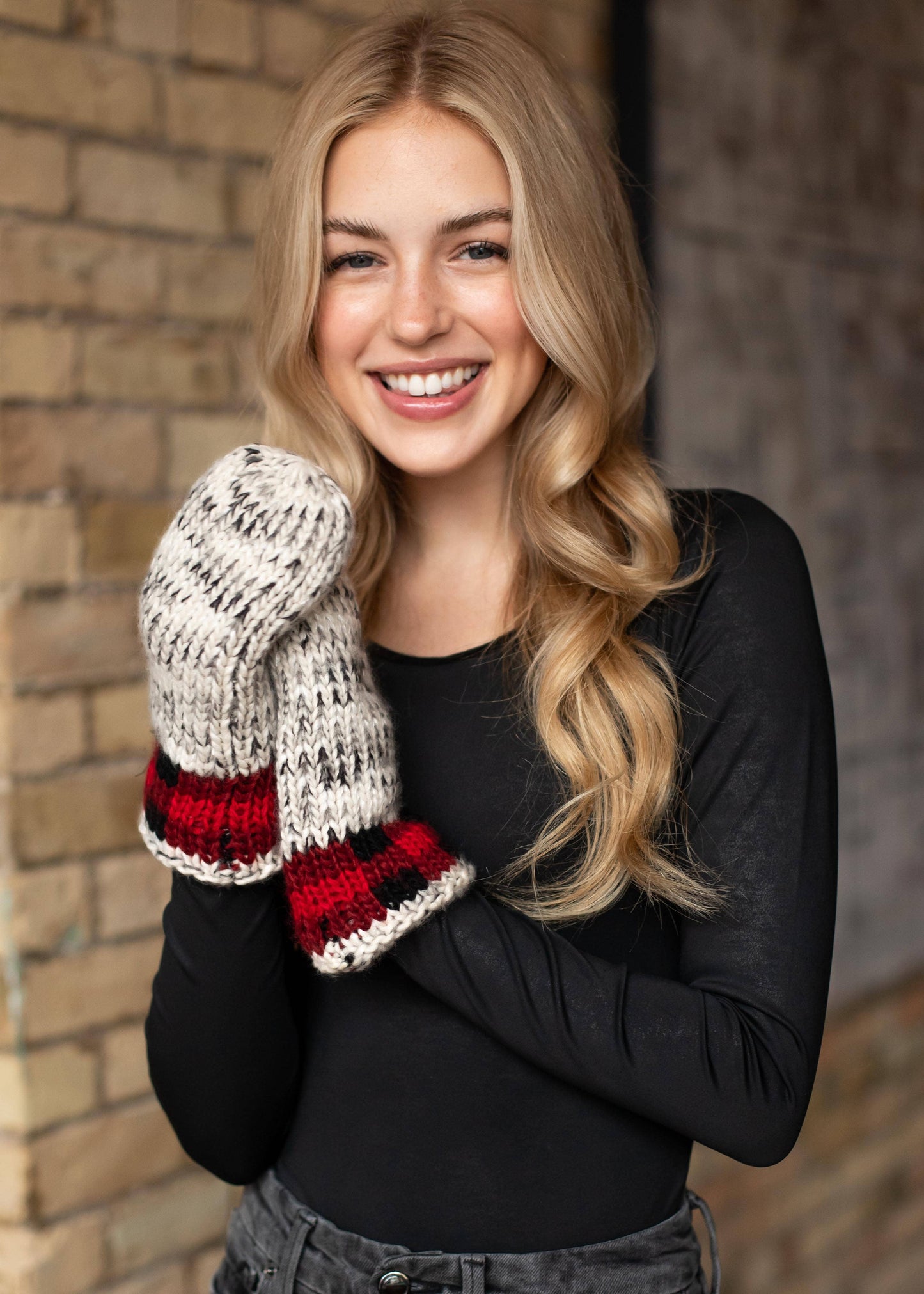 Gray Heather Mittens w/ Red Plaid Trim