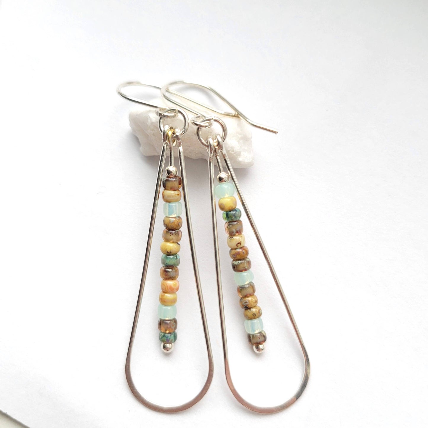 Long Silver Hoop Earrings with Multi Colored Beads