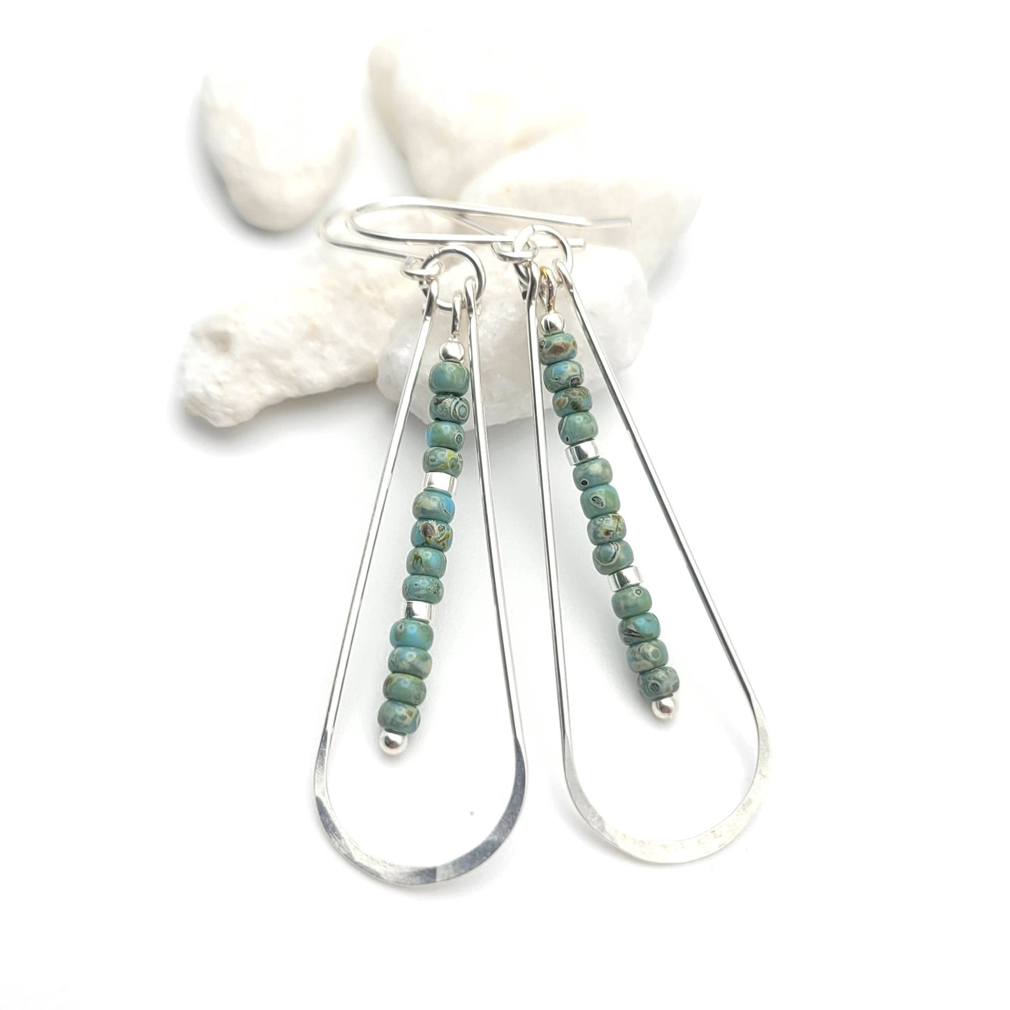 Long Silver Hoop Earrings with light Turquoise Beads